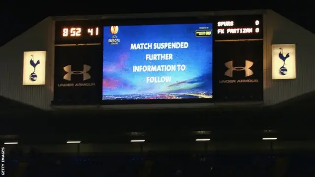 The scoreboard informs fans Tottenham v Partizan is suspended