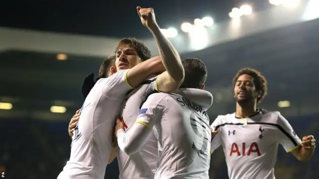 Spurs celebrate Benjamin Stambouli's goal