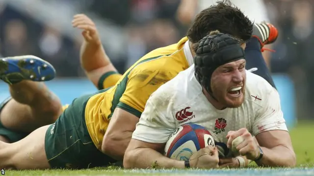 Ben Morgan scores the first of his two tries for England in the win over Australia