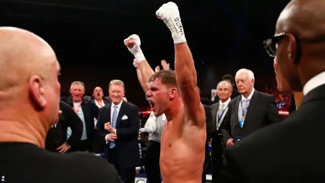 Billy Joe Saunders celebrates defeating Chris Eubank Junior