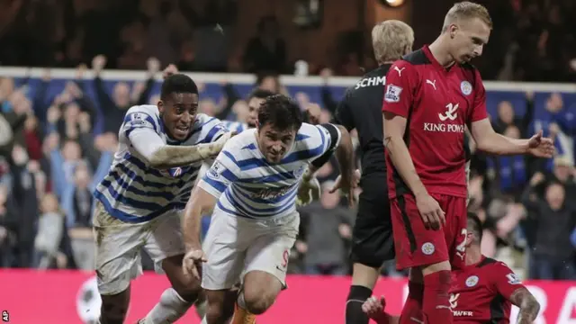 Charlie Austin celebrates scoring for QPR against Leicester