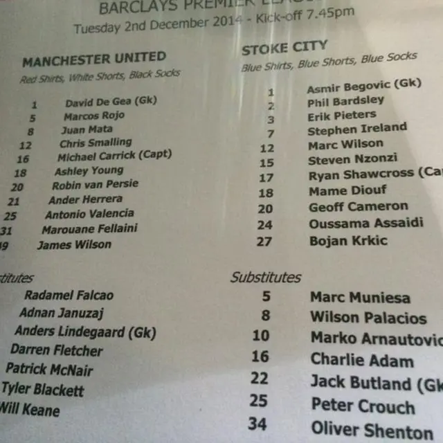 Manchester United v Stoke City teams