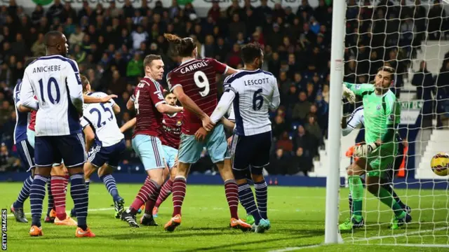 West Ham score their second goal against West Bromwich Albion