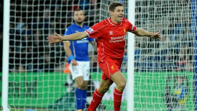 Steven Gerrard celebrates after scoring against Leicester