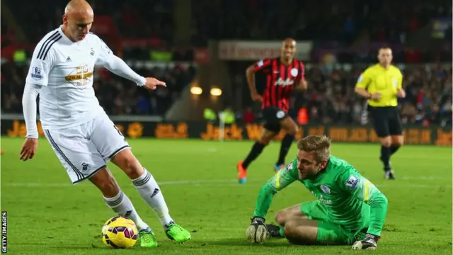 Jonjo Shelvey attempts to round Robert Green