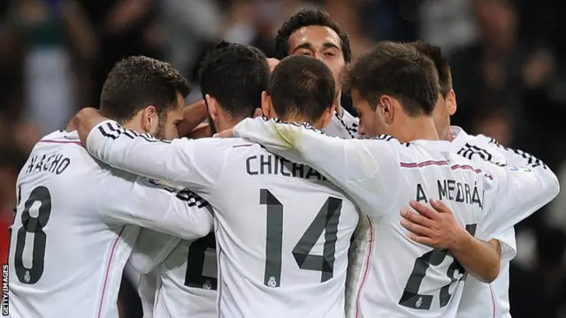 Real Madrid players embrace after scoring against Cornella