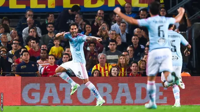 Joaquin Larrivey celebrates his goal at the Nou Camp