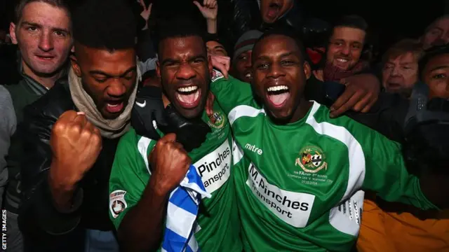 Worcester City celebrate after drawing with Scunthorpe in the second round of the FA Cup