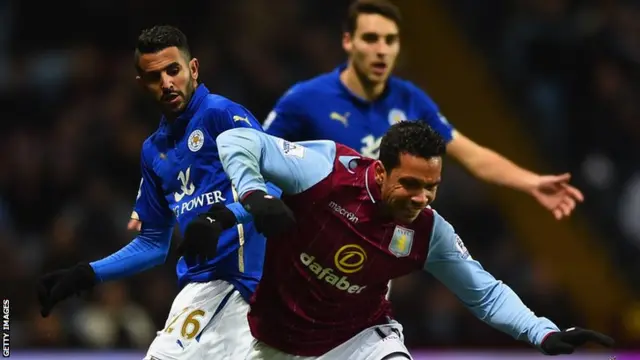 Riyad Mahrez of Leicester City and Kieran Richardson of Aston Villa