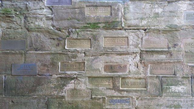 Flood markers at the water gate at Worcester Cathedral