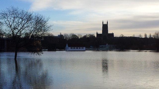 Worcester Cathedral during the February 2014 floods