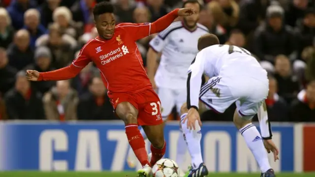 Liverpool's Raheem Sterling takes on the Basel defence