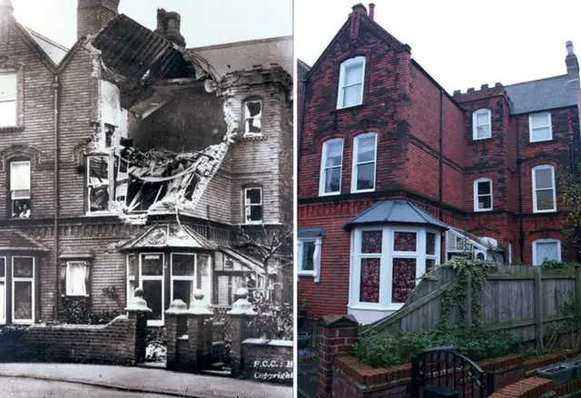 Scarborough Museums Trust of Lonsdale Road in Scarborough after the 1914 German bombardment (left) and how the same building looks now