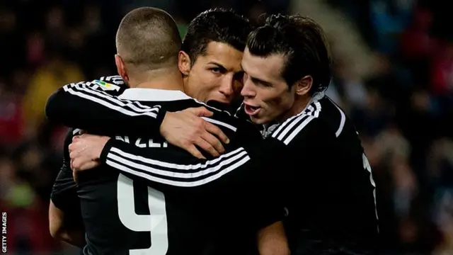 Real Madrid forward Cristiano Ronaldo (centre) and team-mates Gareth Bale (right) and Karim Benzema