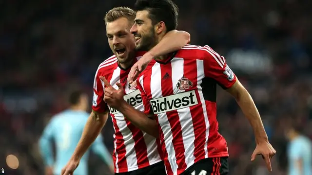Jordi Gomez celebrates after scoring a penalty for Sunderland
