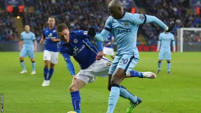 Jamie Vardy challenges for the ball