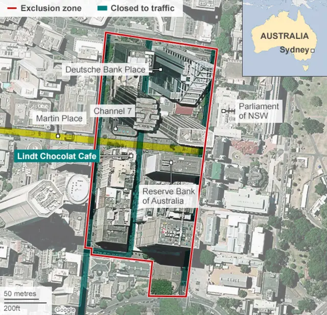 BBC map showing exclusion zone after hostages were seized in central Sydney