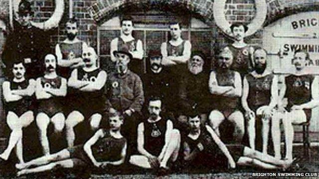 Winter bathers outside Brighton Swimming Club's premises in 1891