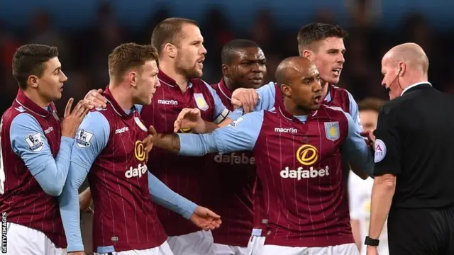 Aston Villa players react to red card