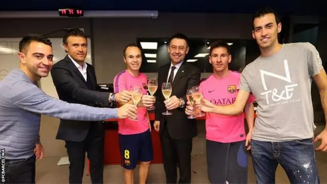 From left to right, Xavi, Luis Enrique, Iniesta, Bartomeu, Messi & Busquets