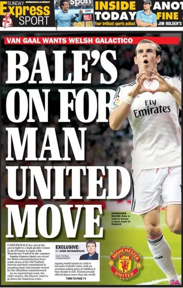 Gareth Bale on Sunday Express back page