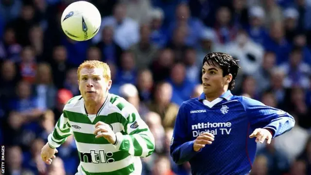 Neil Lennon (left) during his Celtic playing days and Mikel Arteta (then of Rangers)