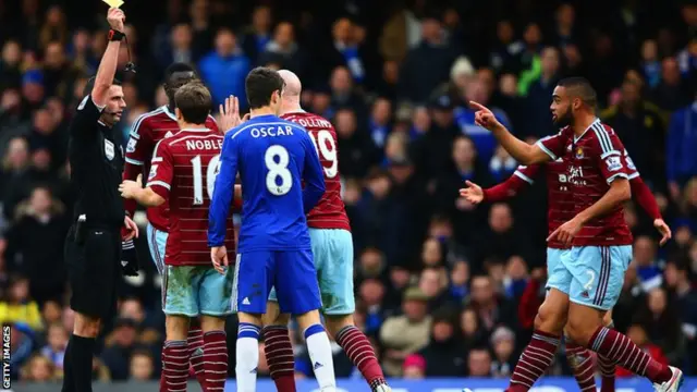 West Ham defender James Collins is booked