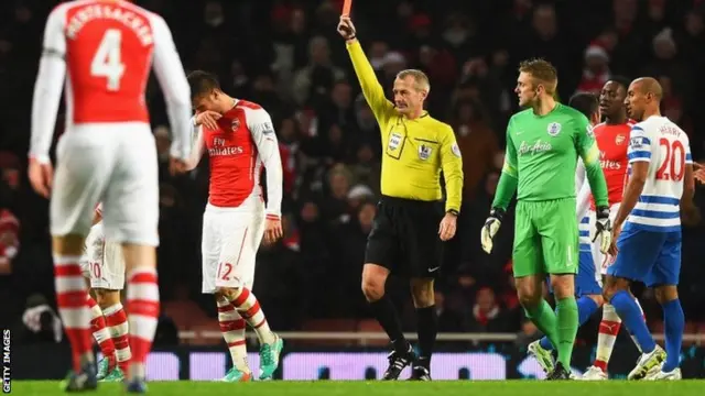 Olivier Giroud is shown a red card