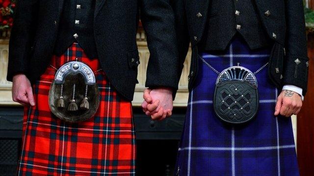 Kilts and sporrans of wedding couple