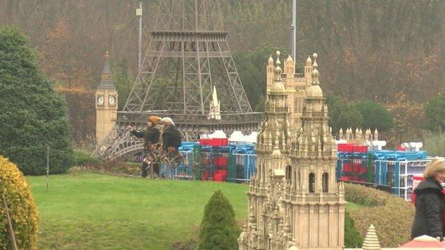 Park with model buildings of Big Ben, Eiffel Tower