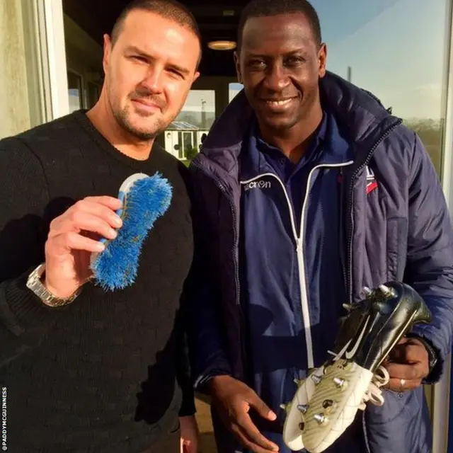 Paddy McGuinness cleans Emile Heskey's boots