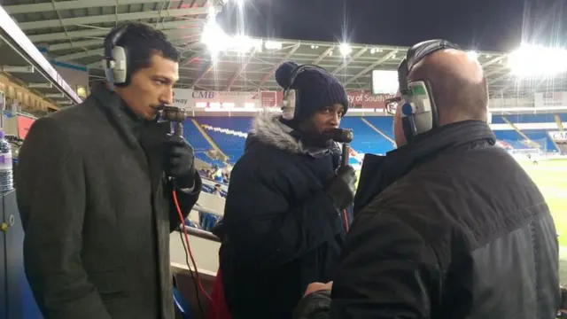 Striking performance: Ex-Bluebirds Jay Bothroyd and Nathan Blake with BBC Radio Wales commentator Simon Davies