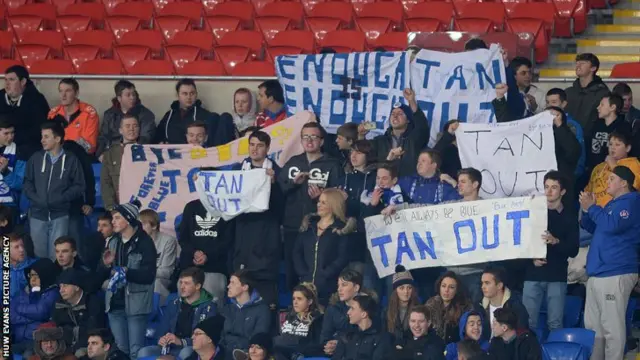 Some Cardiff City fans protest against owner Vincent Tan during tonight's FA Cup third-round match