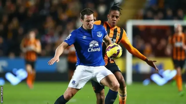 Phil Jagielka challenges for the ball against Hull City