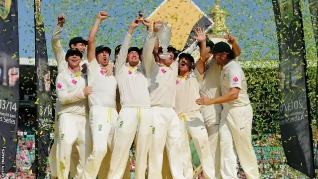 Australia celebrate their -0 Ashes triumph in 2013-14