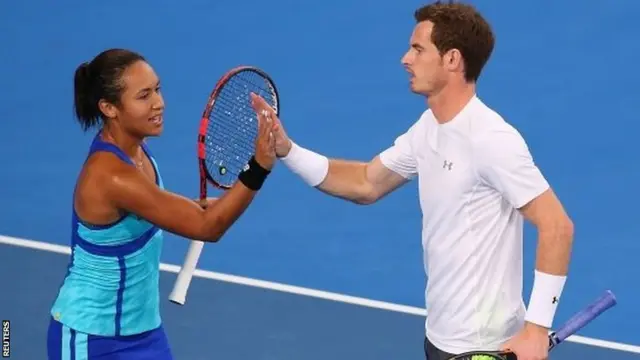 Heather Watson and Andy Murray celebrate winning a point in Perth