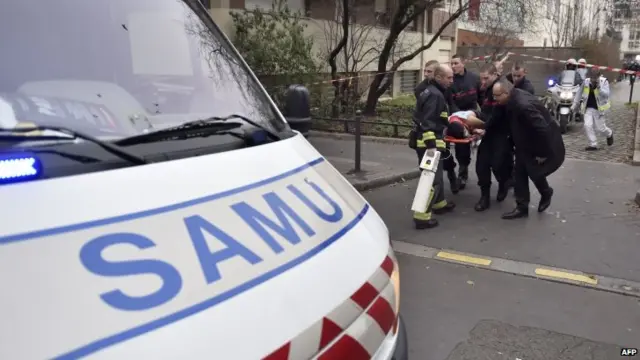 A victim is evacuated on a stretcher after the attack on the Hebdo offices