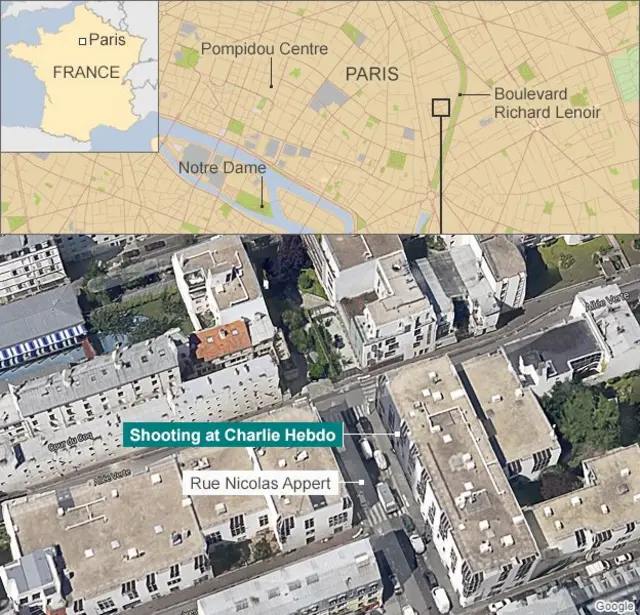 A map showing the location of the Charlie Hebdo attacks