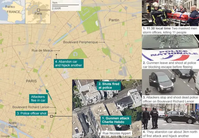 A map showing the location of the Charlie Hebdo attacks