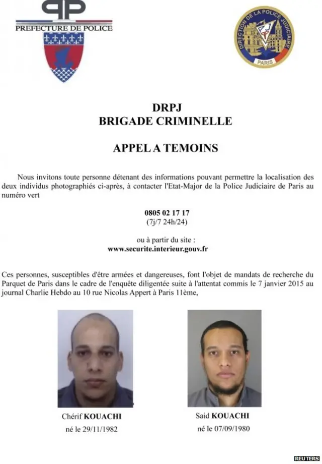 An appeal for witnesses issued by French police following the Charlie Hebdo attacks