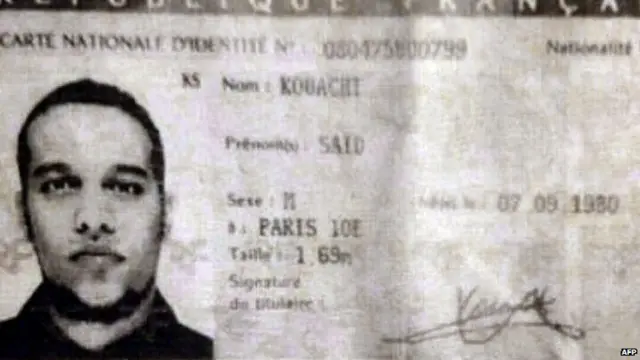 This image obtained by AFP from a French police source shows a reproduction of the ID card of Said Kouachi found in the car left by the two suspects of the Islamist attack