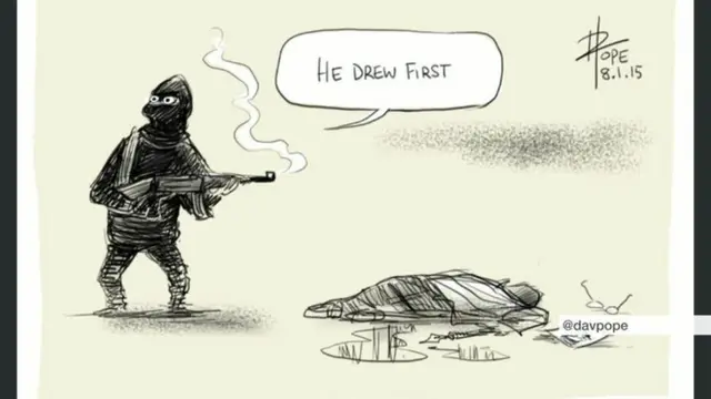 "He drew first", a cartoon response to the Charlie Hebdo attack