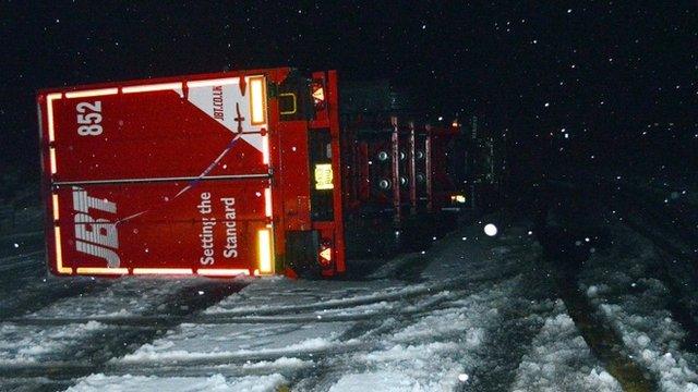 Overturned lorry in snow in Drumochter, Scottish Highlands