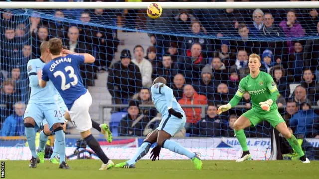 Seamus Coleman hits the bar for Everton