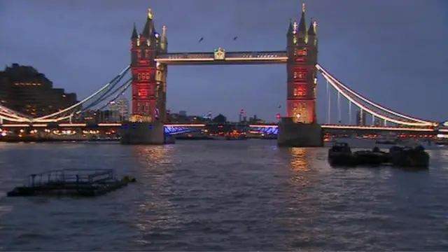 Tower Bridge lit up by red, white and blue
