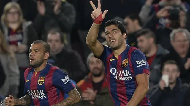 Barcelona striker Luis Suarez celebrates