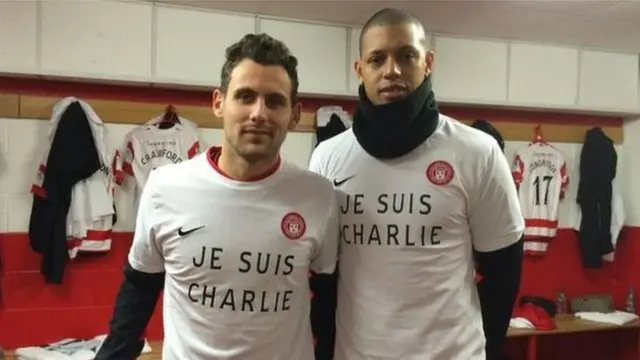 Hamilton's French players, TonyAndreu and Mickael Antoine Curier, show their support for victims of the Paris shooting #JeSuisCharlie