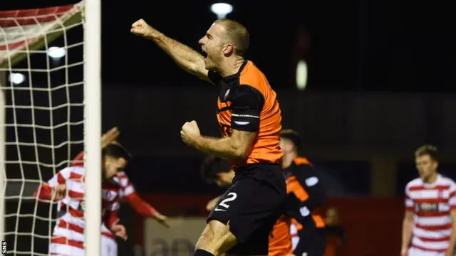 Sean Dillon celebrates after scoring the winner for Dundee United