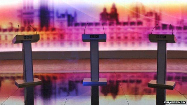 Close up of three podiums set up for election TV debate in 2010