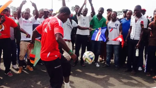 fFans outside the newly constructed Estadio de Ebebiyin